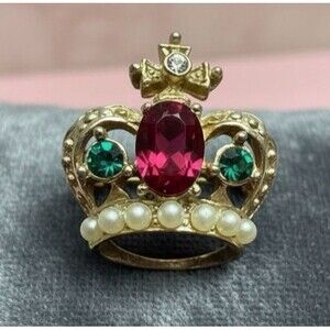 Vintage Crown Brooch Rhinestone Faux Pearl Gold Tone Mini Pin